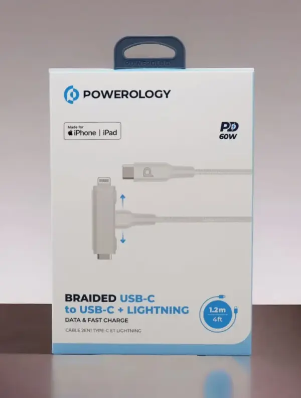 POWEROLOGY BRAIDED USB-C TO USB-C + LIGHTNING DATA & FAST CHARGE PD 60W | 1.2M WHITE